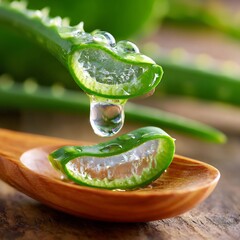 Aloe vera gel dripping from leaf onto wooden spoon with slice