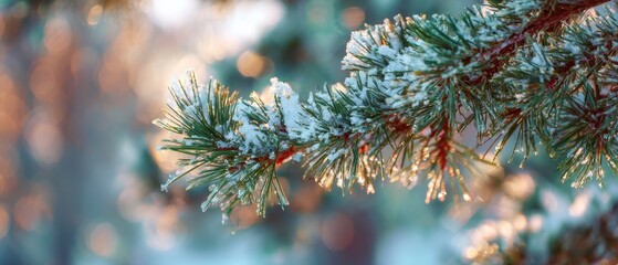 The Pine Branch Dusted with Snow and Sparkling Frost in Soft Morning Light