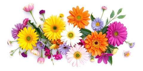 A colorful arrangement of gerbera daisies and aster flowers with green leaves on a white background