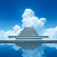 White staircase rising into a bright blue sky with fluffy white clouds reflected in calm water