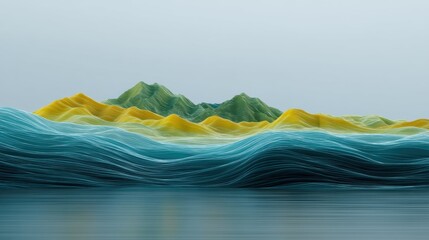 Abstract representation of layered mountains with flowing waves in vibrant colors showcasing nature's beauty and serenity in a minimalistic landscape scene