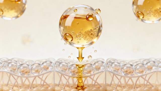 Spherical transparent lipid factor encapsulates warm golden liquid components and microbubble capsules with smooth surface and oil droplets medical science illustration.
