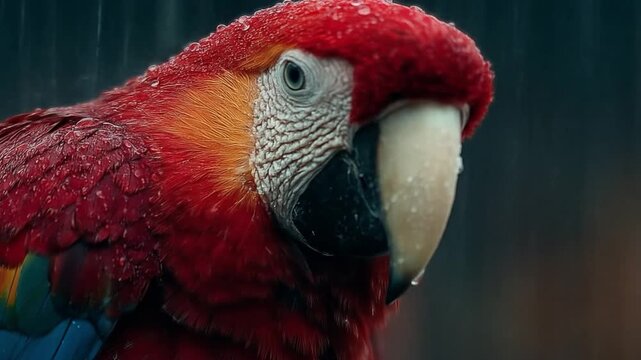 Vibrant red parrot close up in rain exotic bird portrait