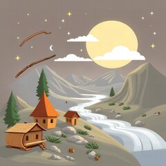 Whimsical mountain village with winding river under a large moon and starry sky night