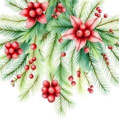 Close up watercolor illustration of pine branches with red berries and poinsettia flowers