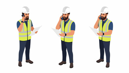 Construction workers in safety vests communicating on mobile phones while examining documents