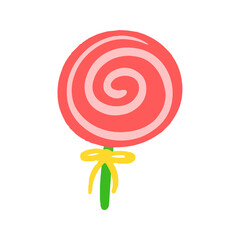 Cute Hand-Drawn Pink Swirl Lollipop Illustration with Yellow Ribbon