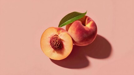 A whole and a halved vibrant peach with a green leaf on a light pink background