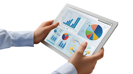 Business professional analyzing financial performance data charts and graphs on a modern digital tablet device on transparent background