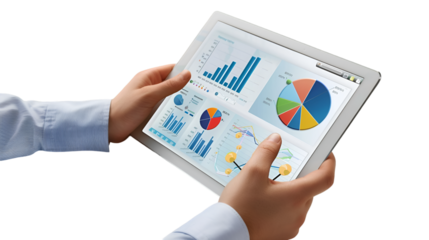 Business professional analyzing financial performance data charts and graphs on a modern digital tablet device on transparent background