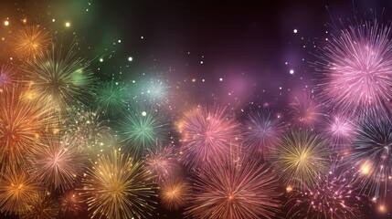 Fototapeta premium Fireworks burst in various colors against a dark sky during a night event in a city. Bright lights create patterns as people watch in awe. Loud sounds fill the air.