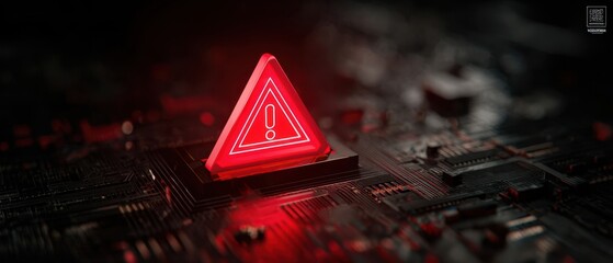 The triangular warning icon glowing red on a futuristic electronic circuit board