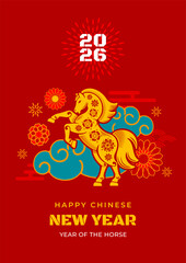 Plakat Chinese New Year 2026 greeting banner with minimal design. Traditional patterns, horse silhouette, turquoise clouds, text on red background. Year of the horse. Vector illustration