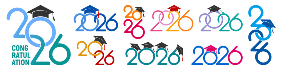 Plakat Class of 2026, set of logo, badges for congratulations graduates, or other education events, with academic hat and numbers for high school, university, college graduation. Vector illustration