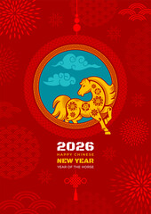 Plakat Chinese New Year 2026 greeting banner with minimal design. Traditional patterns, horse silhouette, turquoise clouds, text on red background. Year of the horse. Vector illustration