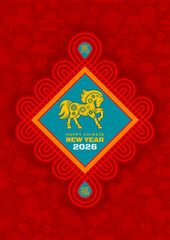 Plakat Chinese New Year 2026 greeting banner with minimal design. Traditional pattern, horse, endless knot, text on red background. Year of the horse. Translate : horse, good luck. Vector illustration