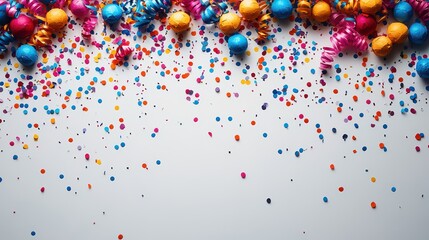 Colorful confetti and streamers on white background.