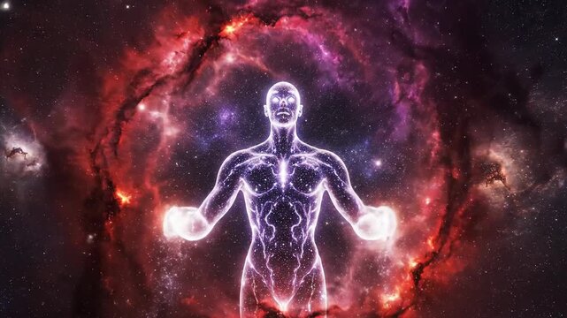 Majestic Celestial Being Embodied in Crimson Nebulae and Stardust, a Cosmic Entity of Light and Energy