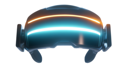 Futuristic virtual reality headset with glowing neon light strips on transparent background