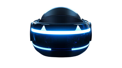 Futuristic virtual reality headset glowing with intense blue light on transparent background