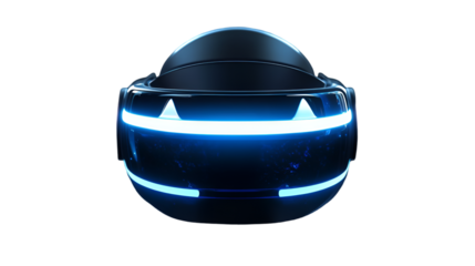 Futuristic virtual reality headset glowing with intense blue light on transparent background