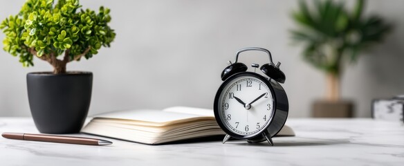 The black alarm clock on a marble desk with open notebook and potted plants