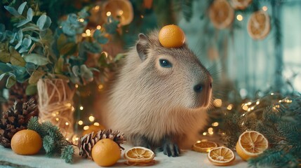 Happy Capybara with Christmas tree, capybara Christmas and new year card