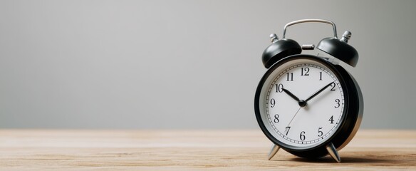 The alarm clock on wooden table with copy space and neutral background