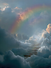 Treppe durch Wolken mit Regenbogen und mystischem Licht