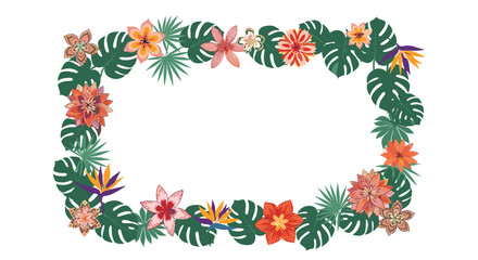 Rectangular floral frame made of lush tropical monstera leaves and a variety of colorful exotic flowers on a white background.