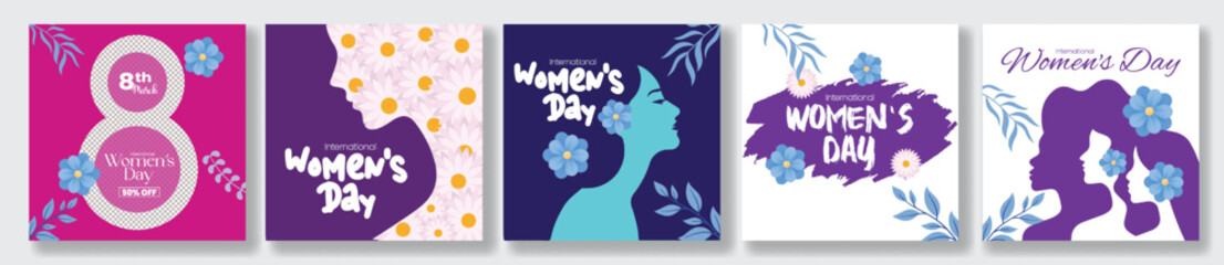 8 March Womens Day Social Media Marketing Templates Instagram Posts Ads Banner Pack Square Flyer Poster Web Banner Floral Vector Female Face Silhouette Collection Bundle