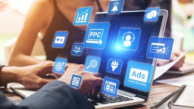 Concept of marketing online strategy using digital marketing, PPC campaigns, social media ads, and SEO analytics. Marketing online improves visibility, digital marketing drives engagement. Gist - Powered by Adobe