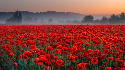 A breathtaking panoramic view of a vibrant red poppy field under a misty morning sky