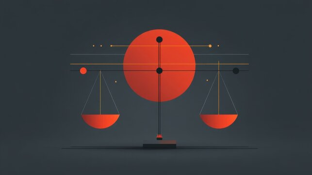 Abstract illustration of balance scales with red circular background and geometric shapes representing justice and equality in a modern design