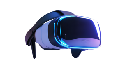 Sleek virtual reality headset glows with futuristic blue light against a for technology concepts on transparent background