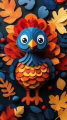 Colorful papercraft turkey surrounded by autumn leaves.