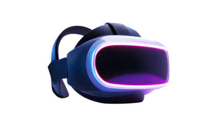 Sleek virtual reality headset glows with vibrant neon light against a stark for futuristic technology concepts on transparent background