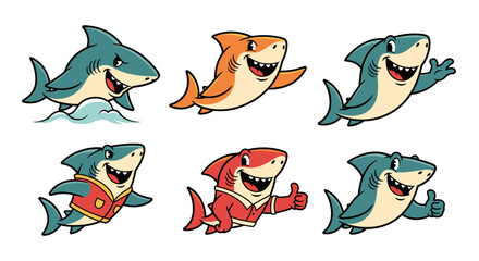 Obraz premium Collection of Six Adorable Cartoon Sharks in Various Poses and Outfits.