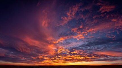 A breathtaking display of fiery orange and deep purple clouds at sunset over a vast landscape