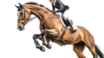 Professional equestrian athlete and powerful bay horse soaring over an obstacle during a jumping competition on transparent background