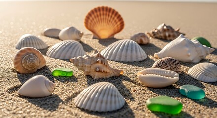 A diverse collection of natural seashells and polished sea glass pieces gently rests on warm, sunlit beach sand, evoking the tranquil essence of a coastal retreat and summer memories