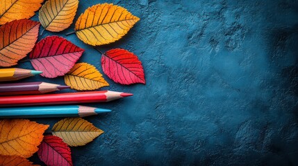 Colorful pencils and autumn leaves on dark blue background.