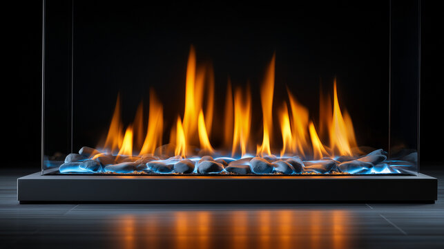Moderner Gaskamin mit lodernden Flammen auf schwarzem Hintergrund mit Spiegelung
