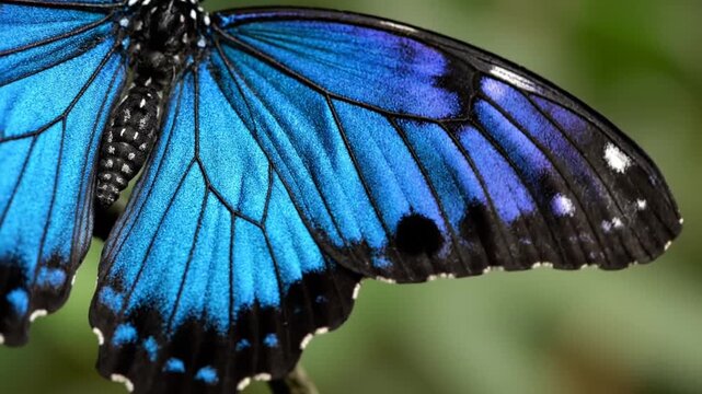 Macro shot of a vibrant blue butterfly wing with intricate black patterns and iridescent scales showcasing delicate veins and soft green blurred background in natural daylight