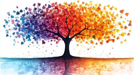 Colorful tree with falling leaves reflected in water.