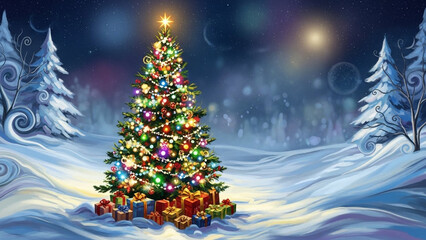 Obraz premium Traditional Christmas Tree with Presents and Festive Decorations