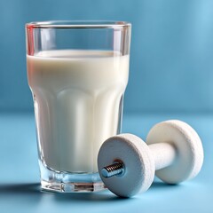 Glass of milk with dumbbell for healthy lifestyle and fitness