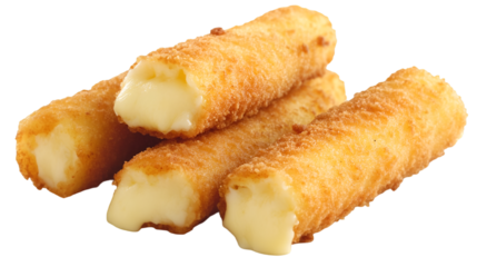 Delicious golden fried mozzarella cheese sticks with melted gooey center on transparent background