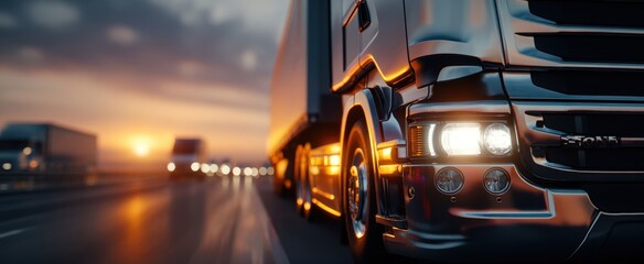 The Truck Driving on a Wet Highway at Sunset with Motion Blur