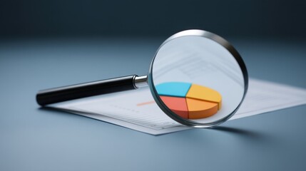 Close-Up of Pie Chart with Magnifying Glass Focus on Business Data Analysis and Financial Insights on Paper Sheet in Professional Setting